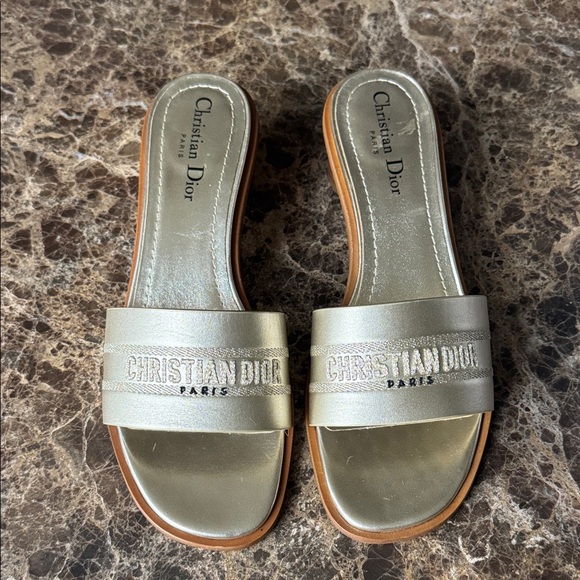Dior Shoes - Christian Dior dway pale gold stacked heel slide sandals sz 38.5